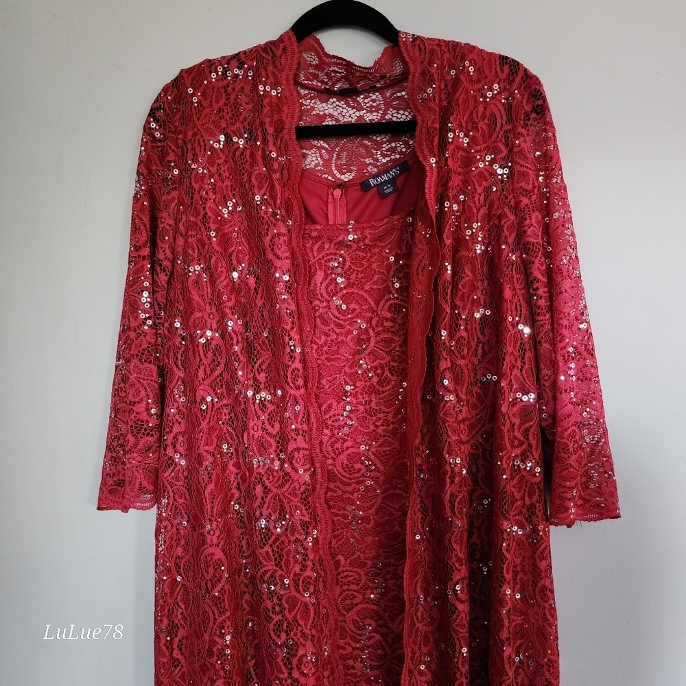 Roaman's Elegant Red Lace Sequin Women's Matching Duster & Dress Set 18W - Picture 9 of 15